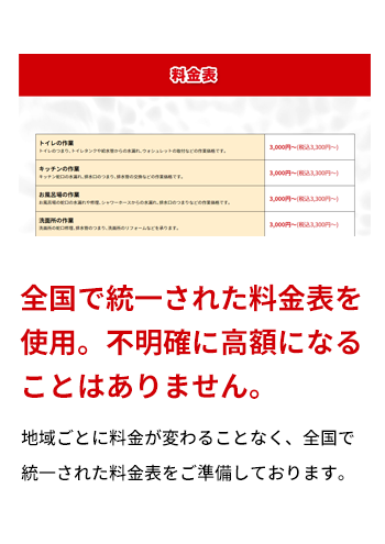 全国で統一された料金表を使用。不明確に高額になることはありません。 地域ごとに料金が変わることなく、全国で統一された料金表をご準備しております。